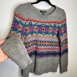 Chaps‎ Petite Fair Isle Knit Sweater Women's Gray Multi Color Pattern Pullover